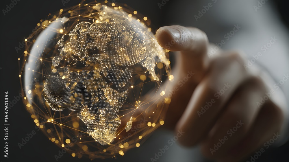Poster interactive global network graphic displayed on a hand.