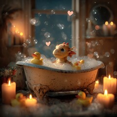 A tiny baby dragon lounging in a bubble-filled vintage bathtub, surrounded by rubber ducks and floating candles, steam forming heart shapes in the air, cozy and magical bath-time fantasy scene