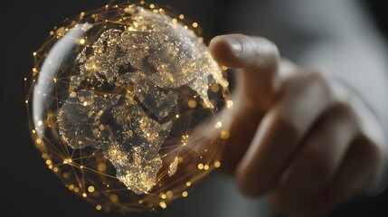 Interactive global network graphic displayed on a hand.