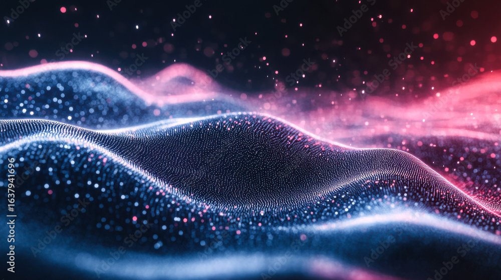 Aufkleber abstract wave pattern with glowing particles in shades of blue and pink against a dark background