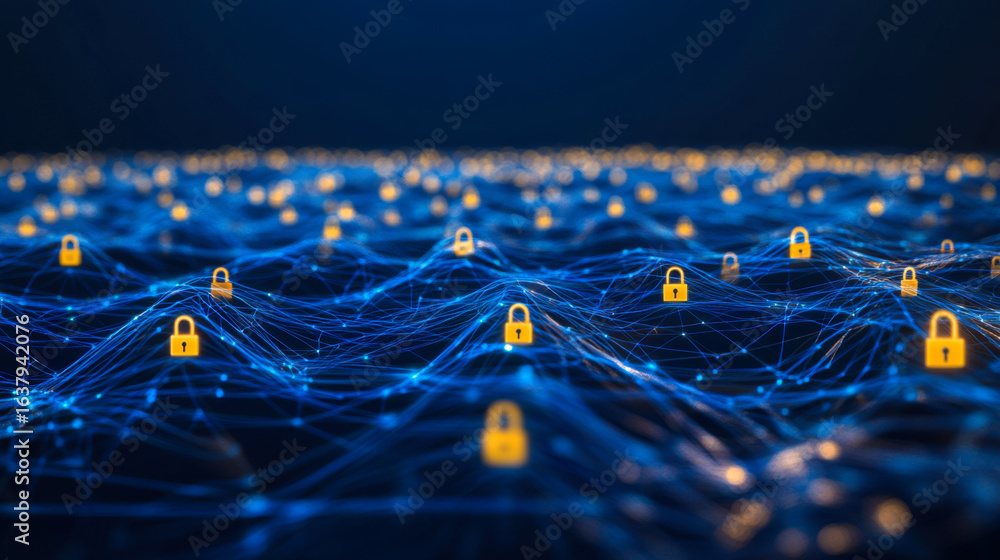 Poster network visualization showcasing data security elements across a digital landscape with glowing lock