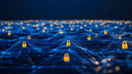 Network visualization showcasing data security elements across a digital landscape with glowing lock icons