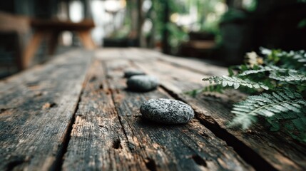 Weathered wooden planks with three smooth grey stones and green fern