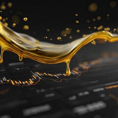 Minimalistic yet powerful news portal header with an elegant petrol black background, featuring fine-line illustrations of liquid oil flow merging into molten gold, overlaid with transparent financial