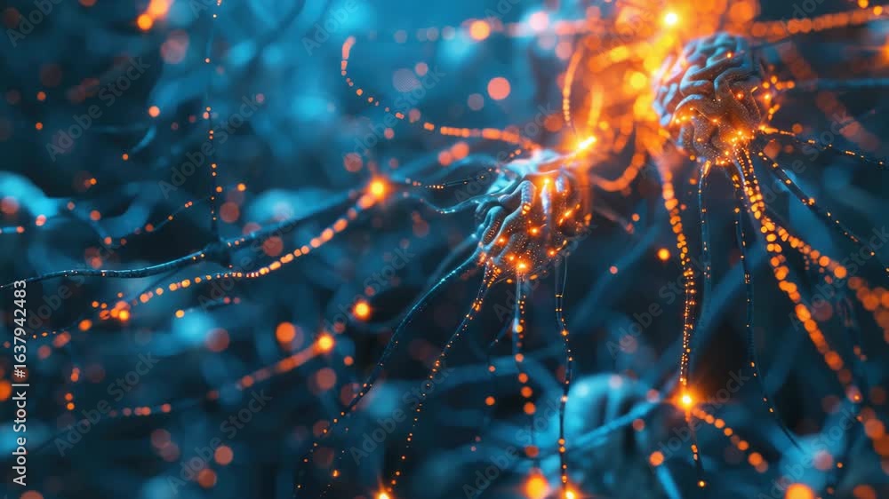 Poster stunning microscopic view of neurons with dendrites and axons, emitting light through neurotransmitt