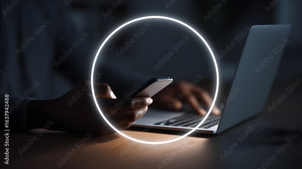 Poster focused work environment with glowing circle highlighting a mobile device and laptop.