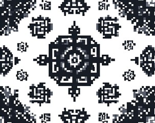 Abstract pixel art pattern of repeating black and white geometric designs