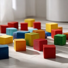 Colorful wooden building blocks scattered across a playroom floor, bright primary colors, soft natural light, minimalist style 