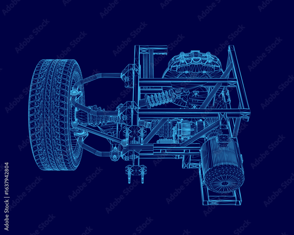 Poster blueprint of a car's suspension system with detailed wireframe components on a blue background. the 
