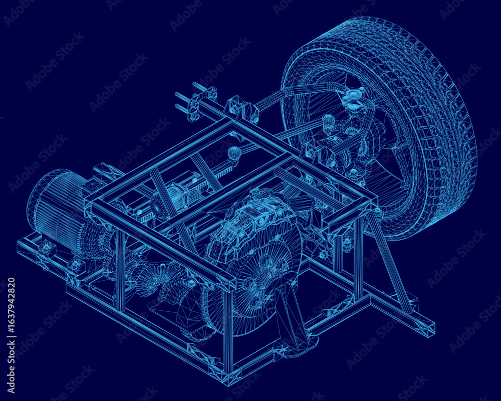 Poster a 3d wireframe car wheel features intricate geometric lines and modular design elements on a smooth 