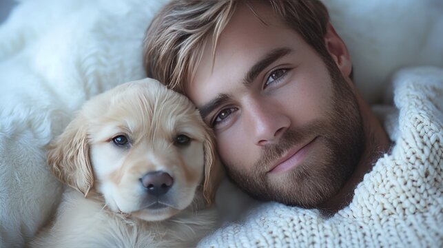 Man and puppy resting on bed - Powered by Adobe