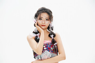 Fototapeta premium Asian women wearing Hani ethnic costumes, a minority group in China
