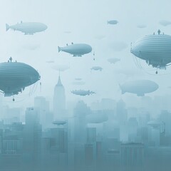 Corporate-style background in charcoal navy and turquoise grey gradient, softly blended with floating silhouettes of orb-shaped UAVs and hybrid-electric airships, portraying futuristic transport