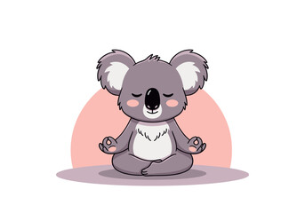 Obraz premium Cute cartoon koala meditating peacefully in lotus pose with eyes closed and soft pink background