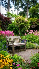 Obraz premium Serene garden scene with wooden bench nestled amongst vibrant blooms and lush greenery