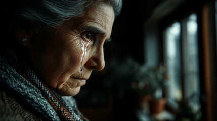 Fototapeta premium A Single Tear Rolling Down an Elderly Woman's Face