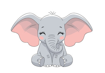 Fototapeta premium Adorable baby elephant with big pink ears smiling sweetly for a close up portrait