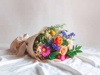 A vibrant bouquet of mixed seasonal flowers wrapped in craft paper with a satin ribbon, placed on a clean white surface, natural daylight highlighting the colors, no people or faces 