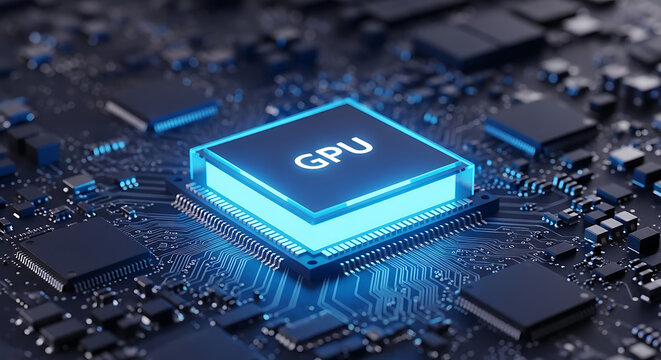 Glowing Blue GPU Chip on Circuit Board Close-Up