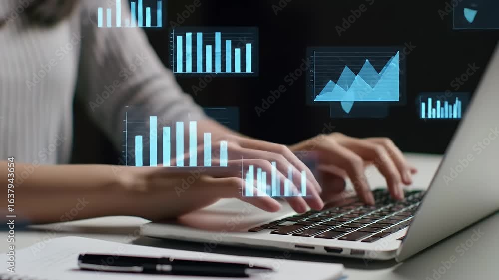 Poster woman typing on laptop with data visualization charts and graph overlays in a bright office setting