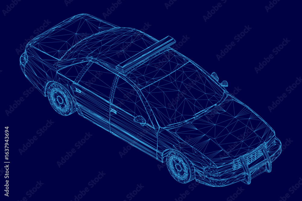 Poster a low poly wireframe police car model with geometric edges and angular design, rendered in blue tone