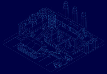 A low poly wireframe factory blueprint on a blue background, showcasing detailed architectural elements and industrial design. The geometric structure highlights ventilation systems, loading docks.