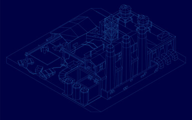 A low poly wireframe blueprint of a factory on a blue background, showcasing detailed structural layout and industrial design. The geometric lines highlight the building's framework with precision.