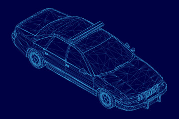 A low poly wireframe police car model with geometric edges and angular design, rendered in blue tones on a solid background. The digital 3D illustration features clean lines and a futuristic. © German Ovchinnikov