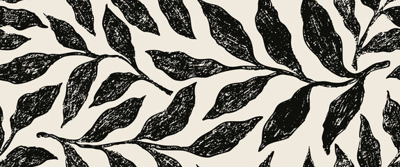 Abstract art vintage colors tropical line art leaves seamless background vector. Wallpaper design with leaves shapes and scribble doodle linear leaf. vintage botanical floral seamless pattern