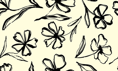 Leaves branch and Hand Drawn doodle Scribble floral plants banner, seamless pattern. Creative minimalist Abstract art background. Design wall decoration, postcard, poster and brochure