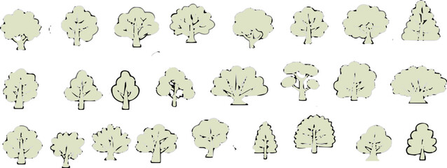 PrCollection of various tree icons, hand drawn tree illustrations, nature elements, forest plants, eco-friendly design, greenery symbols, botanical art, environmental graphicsnt