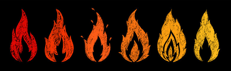 Crayon drawn red fire flames icons collection. Hand drawn doodle flames stickers. Punk or rock style. Burning vector symbols, Fire flame icon. Crayon vector logo. Flame simple illustration