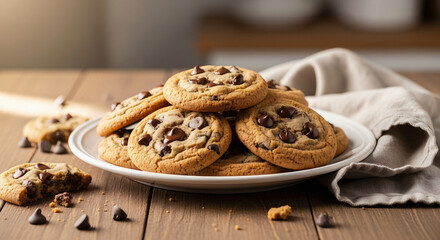 Pile of chocolate chip cookies on a white plate for delicious dessert