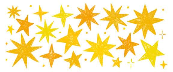 Set of gold chalk drawing stars. Shine or sparkle doodle collection. Children style yellow wax pencil hand drawing elements of night sky. Crayon scratch grunge texture star shapes.