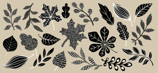 Black and white hand-drawn botanical leaves collection, doodle style foliage set, decorative floral elements, modern minimal line art plants and branches isolated on beige background
