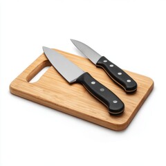 Camping cutting board and knife set isolated on bright white background clean and sharp focus ar 16:9