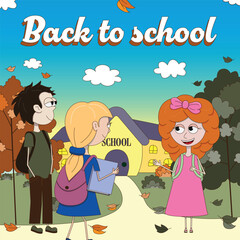 Back to school digital autumn illustration in a warm, cozy atmosphere, featuring happy children by a school building and autumn trees in a joyful, bright, and playful design.