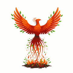 Fototapeta premium A majestic orange phoenix, a mythical symbol of rebirth and renewal, gracefully rises from vibrant flames with lush green foliage.