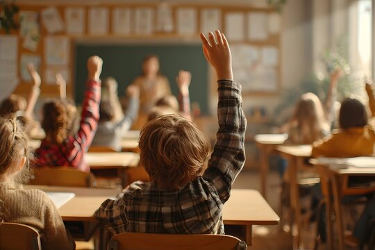 A classroom with children raising their hands in a well-lit room.