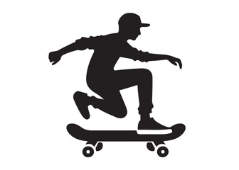 skateboard logo silhouette vector design, skating skate logo silhouette vector illustration, simple black silhouette of a skateboard, jumping skate board logo vector silhouette on white background 