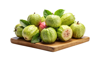 Pile of Fresh Green Guavas with Leaves Displayed on Wooden Board