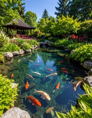 Serene koi pond in a lush garden with a gazebo