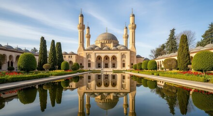 Obraz premium Serene Symmetry: Baku's Mosque of the Martyrs and its Reflection Amidst Spring Blooms