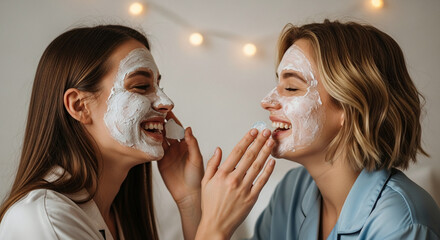 Two happy young women laughing while applying facial masks together