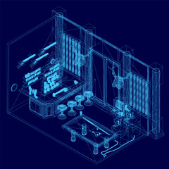 A low poly wireframe blueprint of a game room featuring a pool table and cue, surrounded by various objects. The design has a pub-style aesthetic with clean geometric lines on a blue background.
