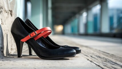Stylish black high heels with red strap detail on a grungy urban background