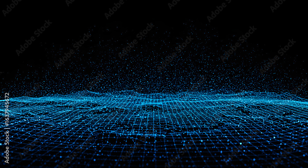 Poster futuristic network landscape with glowing points and lines, a seamless digital background to use for