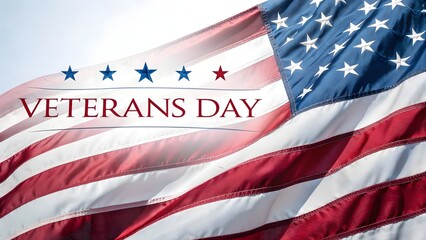 American flag waving with veterans day text and stars