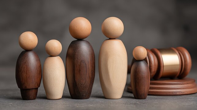 Wooden family figures and judge's gavels on gray surface, symbolizing family law, custody, or legal proceedings related to family matters .