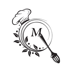 Restaurant logo with the letter M in the middle circle